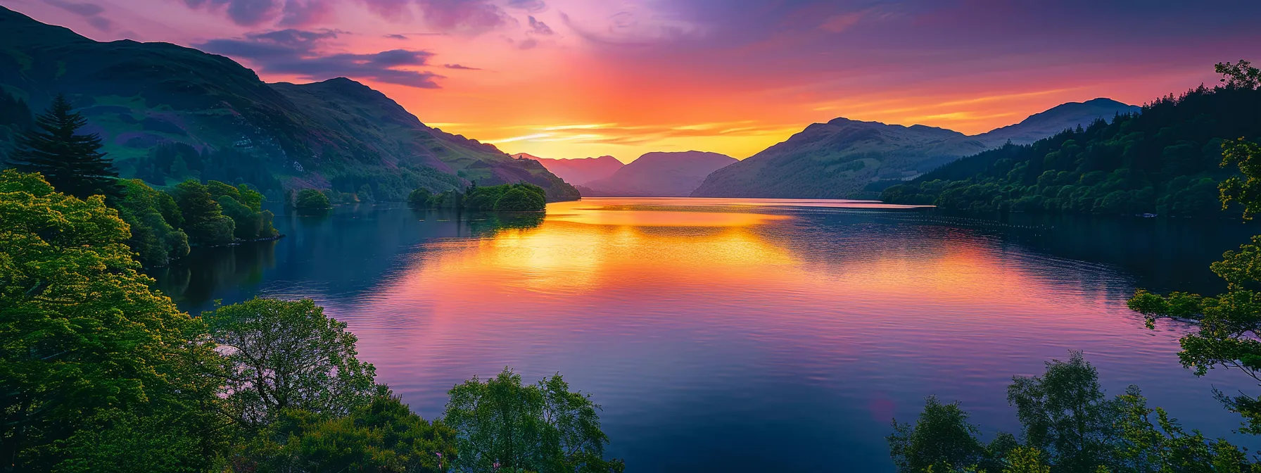 a breathtaking sunset over a tranquil lake, with vibrant oranges and purples reflecting off the water's surface, framed by lush green trees on the shore.