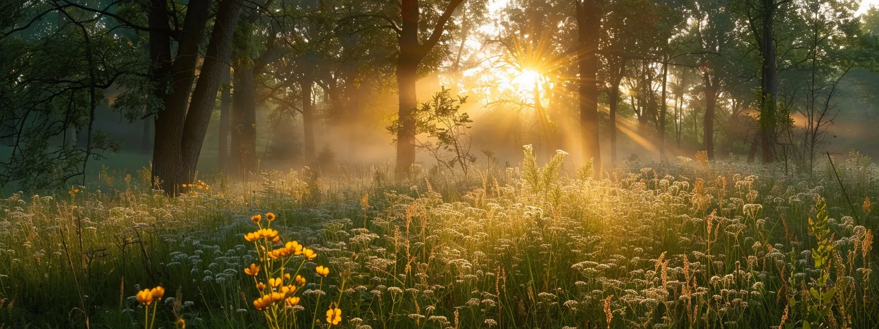 a lush, vibrant sunrise illuminates a serene, misty forest, casting warm golden hues over towering trees and delicate wildflowers that bloom in a tranquil meadow.