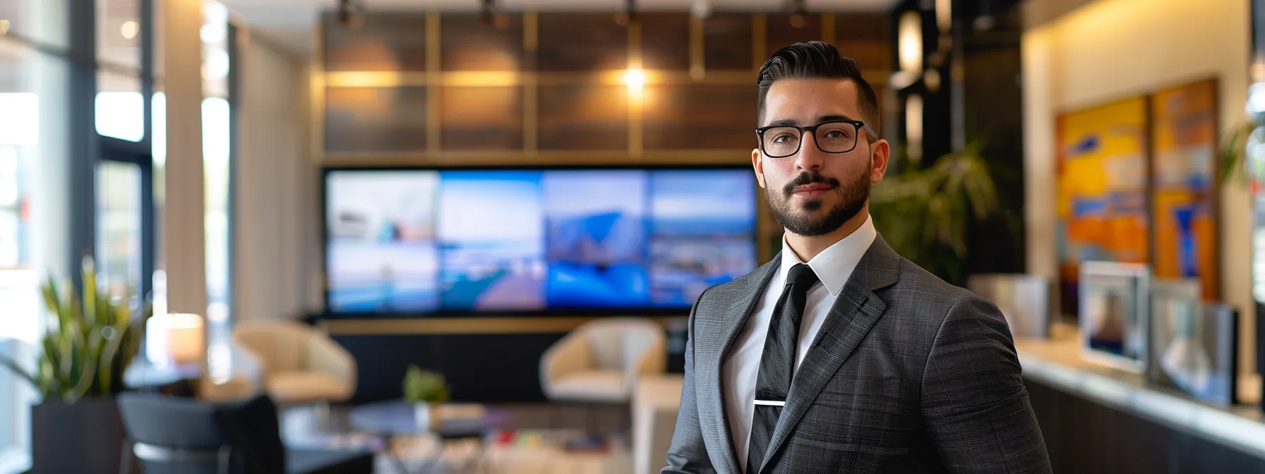 a polished real estate agent stands confidently in a modern, minimally decorated office, engaging with a vibrant digital display showcasing stunning property listings and market data, illuminated by sleek, ambient lighting.