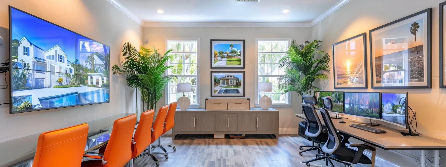 a polished real estate office with sleek, modern furniture, showcasing a prominently displayed large property listing on a vibrant digital screen against a backdrop of elegantly framed photographs of stunning homes.