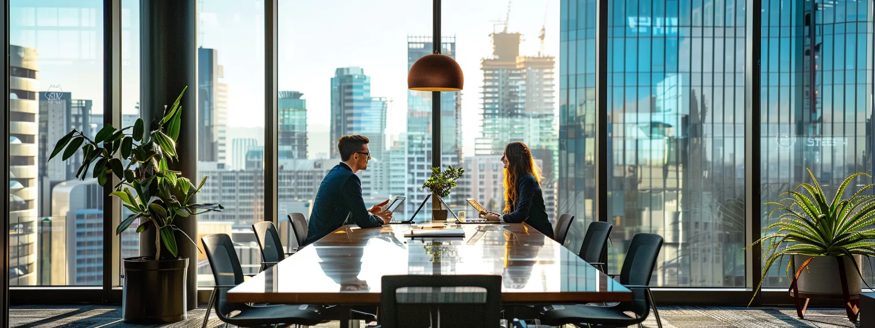 a sleek, modern office space showcases a confident real estate agent engaging with clients over a polished conference table, surrounded by vibrant cityscape views through large glass windows.