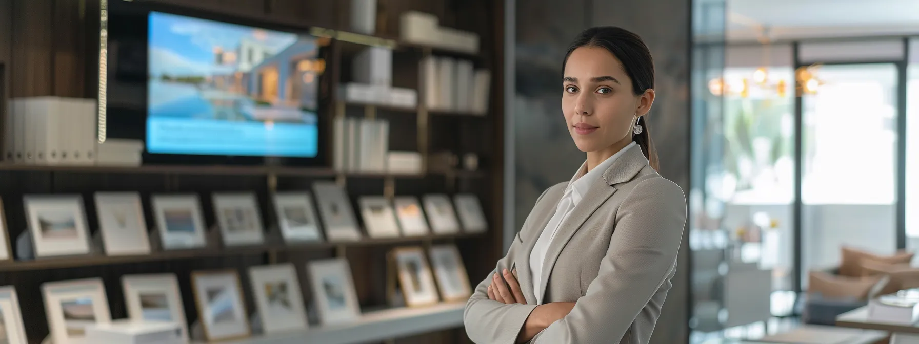 a sophisticated real estate agent stands confidently in a modern, sleek office filled with vibrant property brochures and digital screens displaying luxury listings, highlighting their expertise in the dynamic housing market.