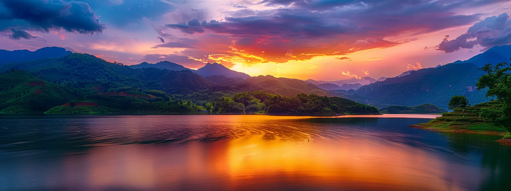 a vibrant sunset paints the sky in fiery oranges and deep purples, casting a warm glow over a serene lake surrounded by lush green mountains, reflecting the breathtaking colors in its still waters.