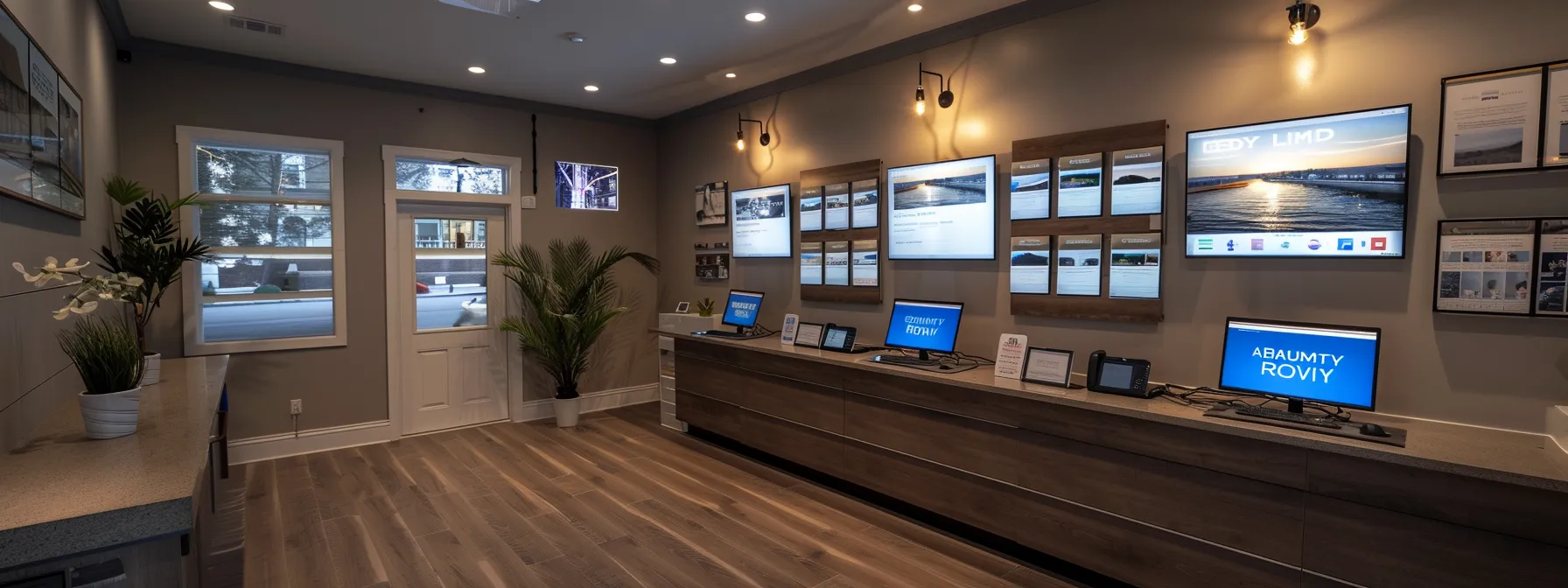 a polished real estate office, featuring a sleek modern desk with a large digital screen displaying property listings, illuminated by warm spotlights that enhance the contemporary décor.